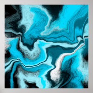 Affiche Bleu, noir et Marbre blanc Fluid Art