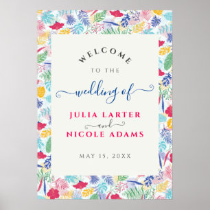 Affiche Bleu Nuit Rose Forêt Tropicale Émeraude Mariage