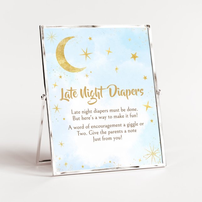 Affiche Bleu Or Sur La Lune Baby Diapers De Nuit Tard (Moon and Stars Baby Shower Late Night Diapers Sign)