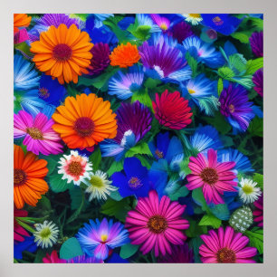 Affiche Bleu orange coloré et Fleurs rouges
