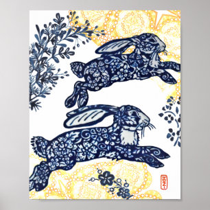 Affiche Bleu oriental et blanc Chinoiserie Lapin Rabbit