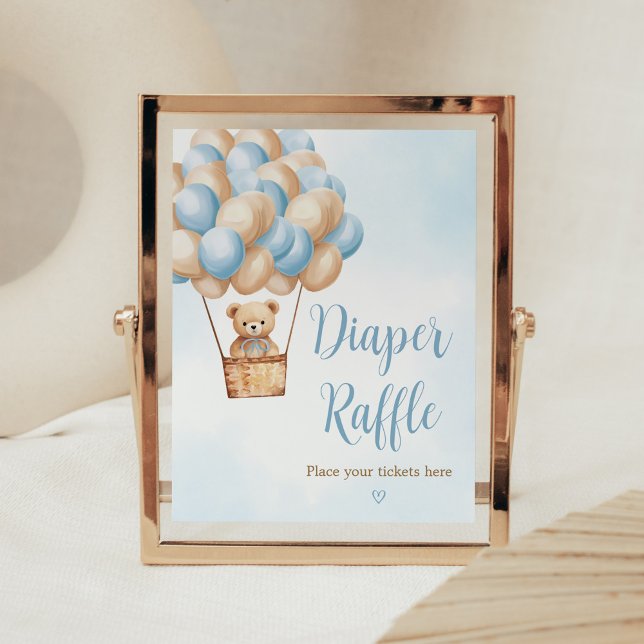 Affiche Bleu Ours Chaud Balloon Déchets (Boy Boho Bear Baby Shower Diaper Raffle Sign)
