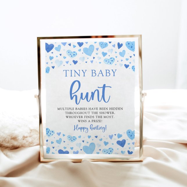 Affiche Bleu Petit Ami Minuscule Baby Chasse Douche Jeu (Watercolor Modern Cute Blue Hearts Valentine Sweetheart Boy Tiny Baby Hunt Baby Shower Game Sign)