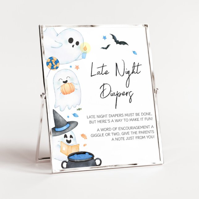 Affiche Bleu Petit Boo Halloween Late Night Diapos (Blue Little Boo Baby Shower Late Night Diapers Sign)