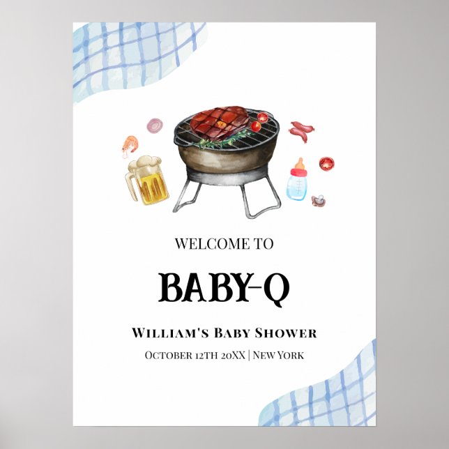 Affiche Bleu Plaid Rétro Baby Q Baby shower Bienvenue (Devant)