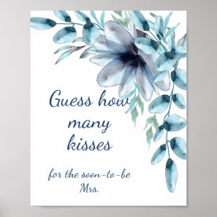 Affiche Bleu poussiéreux floral combien de baisers Baby Sh