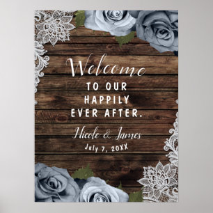Affiche Bleu Poussiéreux Roses Florales Rustique Bois & Ma