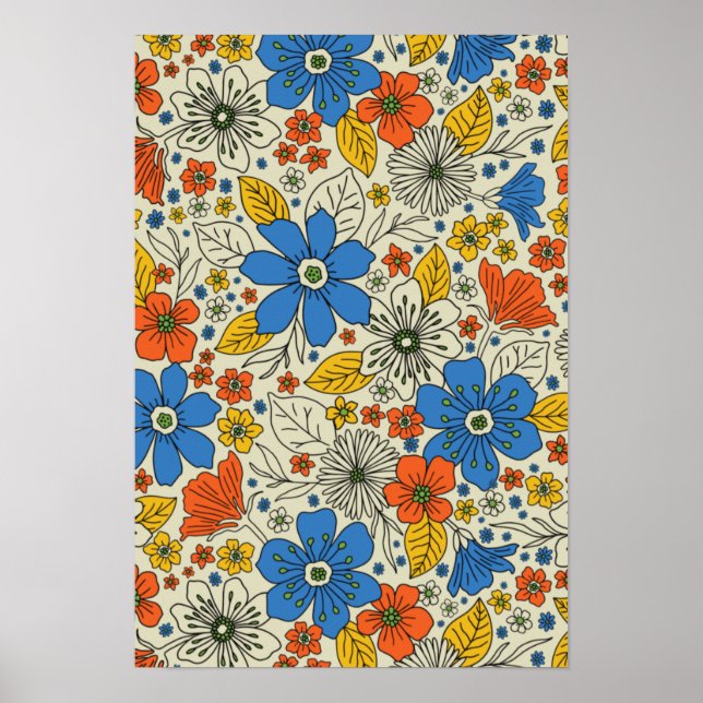 Affiche Bleu rétro, Jaune & Orange Floral (Devant)