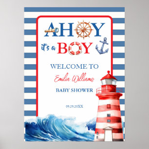 Affiche Bleu Rouge Nautique Ohé Garçon Phare Baby Shower