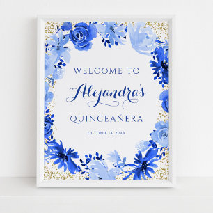 Affiche Bleu Royal Fleurs Aquarelle Or Quinceanera