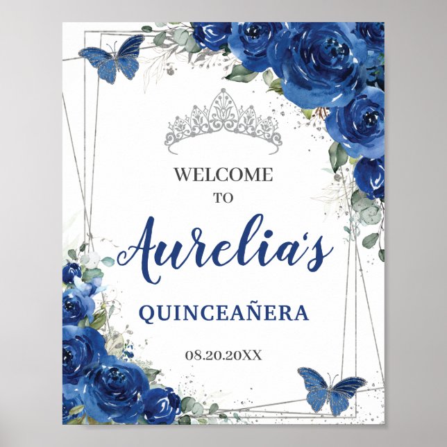 Affiche Bleu Royal Floral Papillons Quinceañera Bienvenue (Devant)