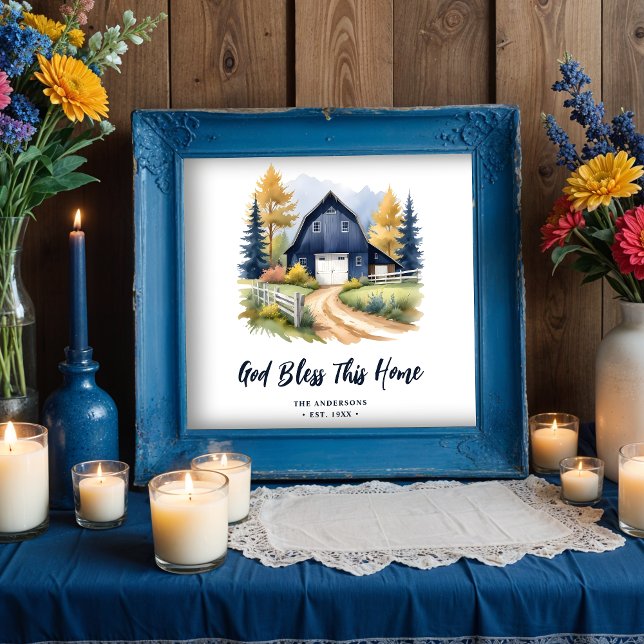 Affiche Bleu rustique Bleu Exquis Grange Classic Farmhouse (Exquisite Blue Rustic Barn Classic Farmhouse Style Square Posters with Personalized Family Name)