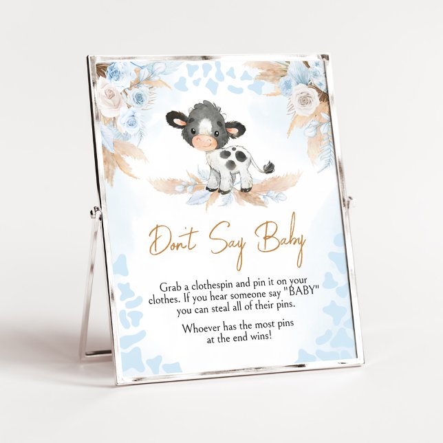 Affiche Bleu Saint Baby shower de vache ne pas dire bébé (Boy Highland Cow Baby Shower Don't Say Baby Sign)