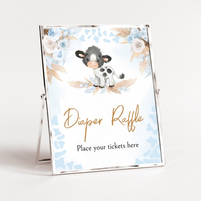 Affiche Bleu Saint-Vache Baby shower Déchets Raffin (Boy Highland Cow Baby Shower Diaper Raffle Sign)
