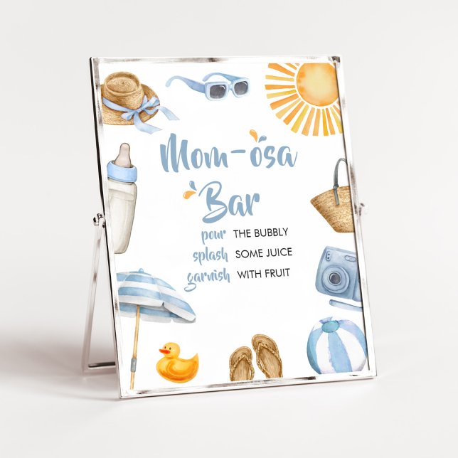 Affiche Bleu Splish Splash Baby shower Maman Osa Bar (Boy Summer Beach Baby Shower Mom Osa Bar Sign)