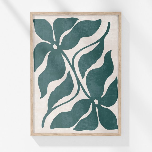 Affiche Bleu super Abstrait (Boho Blue and White Abstract Floral Wall Artin a wooden frame on a sunny white wall.)