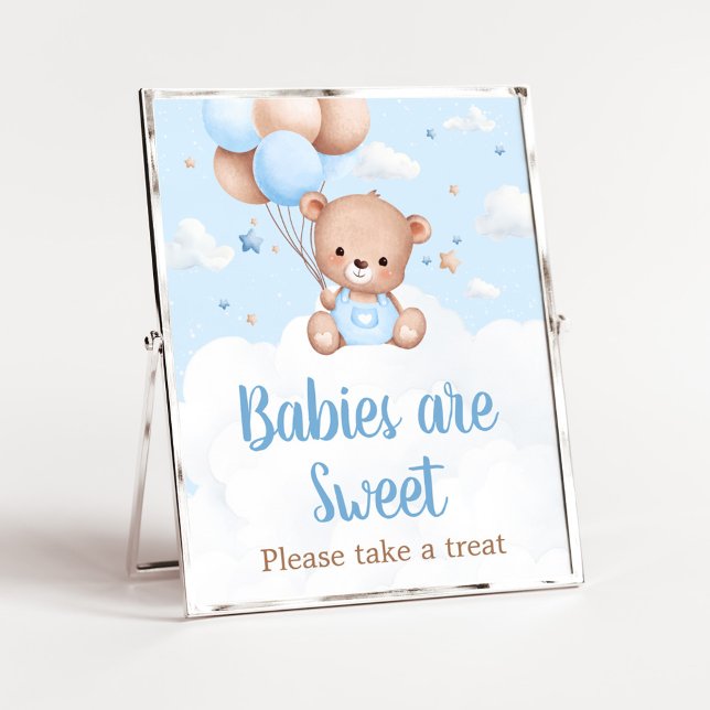 Affiche Bleu Teddy Bear Baby shower Bébés sont Sweet Sign (Blue Boy Teddy Bear Clouds Balloon Baby Shower Sign)