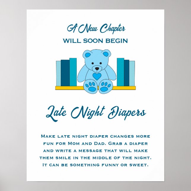Affiche Bleu Teddy Bear Baby shower Late Night Diapés (Devant)
