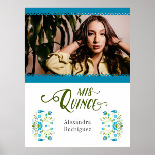 Affiche Bleu traditionnel mexicain Floral Photo Quinceaner