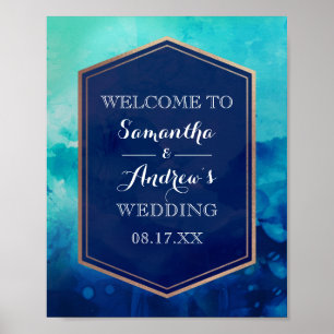 Affiche Bleu Turquoise Gold Bordure Mariage d'aquarelle