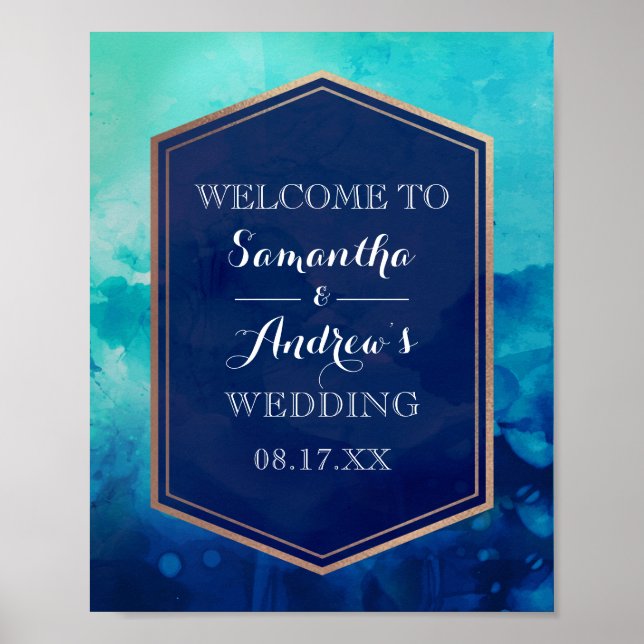 Affiche Bleu Turquoise Gold Bordure Mariage d'aquarelle (Devant)