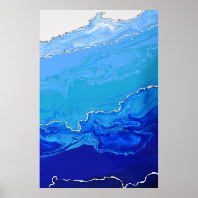 Affiche Bleu Turquoise Marbre Argent Art Abstrait (Devant)