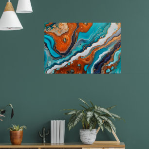 Affiche bleu turquoise, rouille et or peinture abstrait