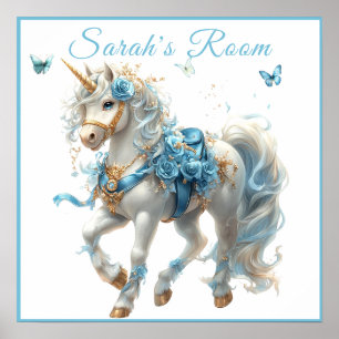 Affiche Bleu Unicorne blanche Selle Rose Papillons