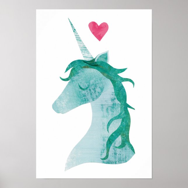 Affiche Bleu Unicorne magique avec coeur (Devant)