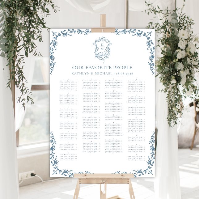 Affiche Bleu Vintage Crest Mariage Siège alphabétique (Créateur téléchargé)