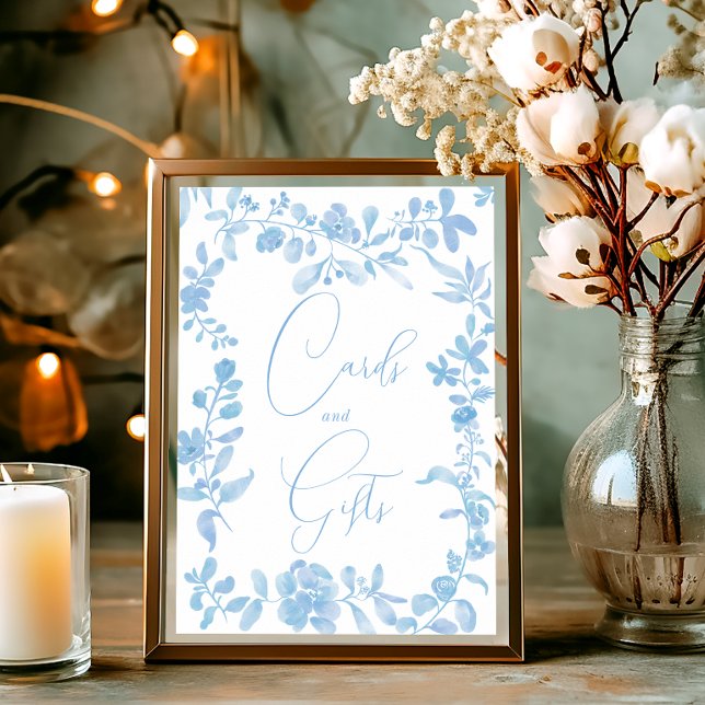 Affiche Bleu vintage fleuri signe nuptiale (Blue french vintage floral sign bridal shower)