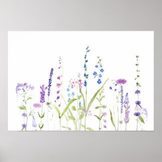 Affiche bleu violet fleurs sauvages aquarelle peinture