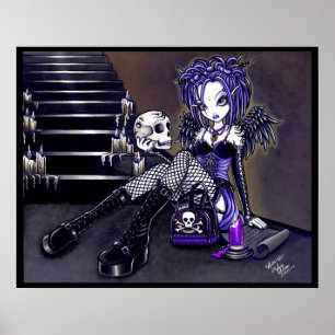 Affiche bleue gothique d'ange de crâne de