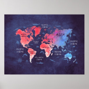 affiche bleue rouge de carte du monde