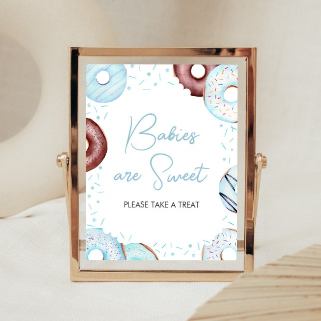Affiche Bleus beignets et diaphères Les bébés sont doux (Donuts and Diapers Baby Shower Babies are Sweet Sign)