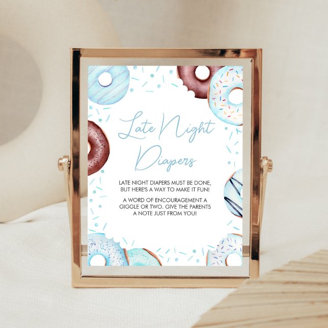 Affiche Bleus beignets et plongeurs Diaports tard dans la  (Donuts and Diapers Baby Shower Late Night Diapers Sign)