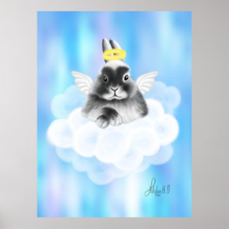 Affiche Bliss célestes : Lapin gris et blanc sur nuage ave