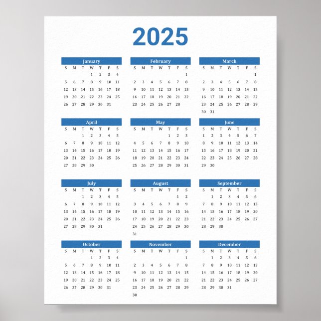 Affiche Bliue et Blanc 2025 Année à un coup d'oeil Calendr (Devant)