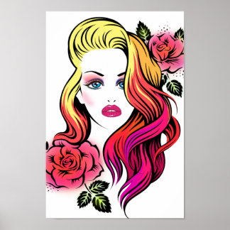 Affiche Blonde femme yeux bleus avec roses et cheveux arc-