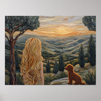 Affiche Blonde fille, chien, marche, coucher de soleil, mo