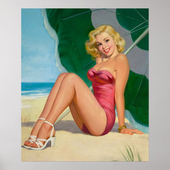 Affiche Blonde Girl Under Beach Umbrella Pin Up (Devant)