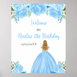 Affiche Blonde Hair Princess Blue Floral Anniversaire Bien