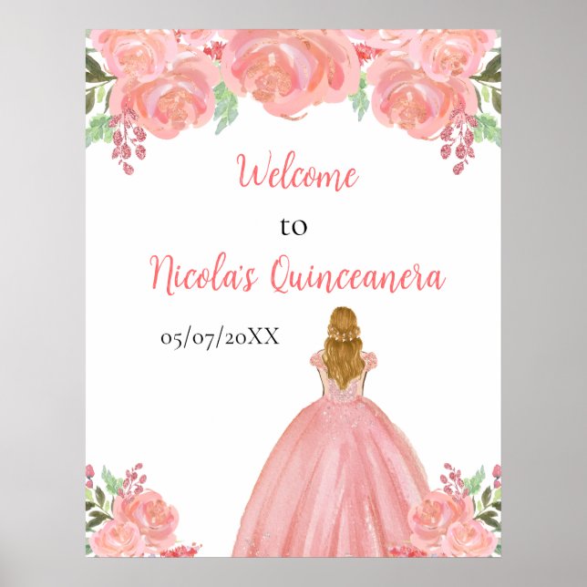 Affiche Blonde Hair Princess Pink Quinceanera Bienvenue (Devant)