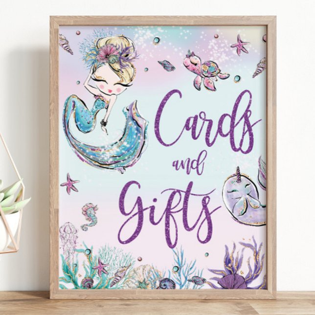 Affiche Blonde Sirène Anniversaire Cartes de Baby shower e (zazzle-mermaid-blonde-girl-under-the-sea-ocean-pool-1st-birthday-baby-shower-cards-and-gifts-sign)