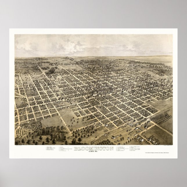 Affiche Bloomington, IL Carte panoramique - 1867 (Devant)