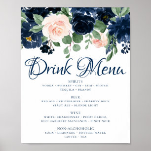 Affiche Blooms Chics Menu de boissons bleu marine et ros