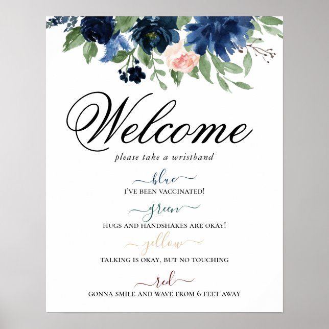 Affiche Blooms Chics | Navy Blush Floral Distances sociale (Devant)