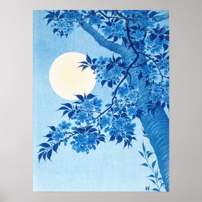 Affiche Blossoming Cherry Moonlit Night Ohara Koson Blue18 (Devant)