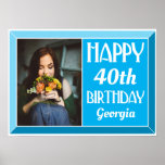 Affiche Blue 40th Beveled Art Deco Birthday Photo<br><div class="desc">Decorate your party with this Blue 40th Beveled Art Deco Birthday Photo Poster. Customize with the age,  name and favorite photo of the birthday person. It features a modern art deco font with a stylish beveled border.</div>
