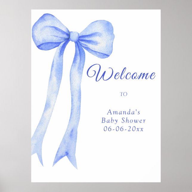 Affiche blue a bow - bienvenue baby shower party (Devant)